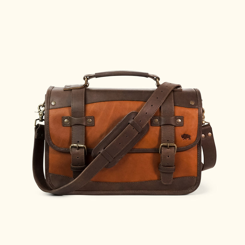 Men's classic Leather Belted Briefcase light brown front
