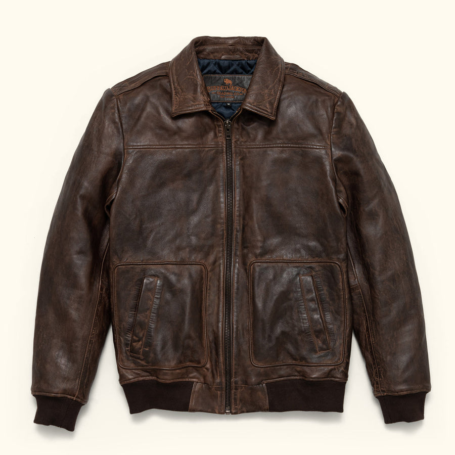 Worn and Vintage Leather Bomber Jacket | Brown