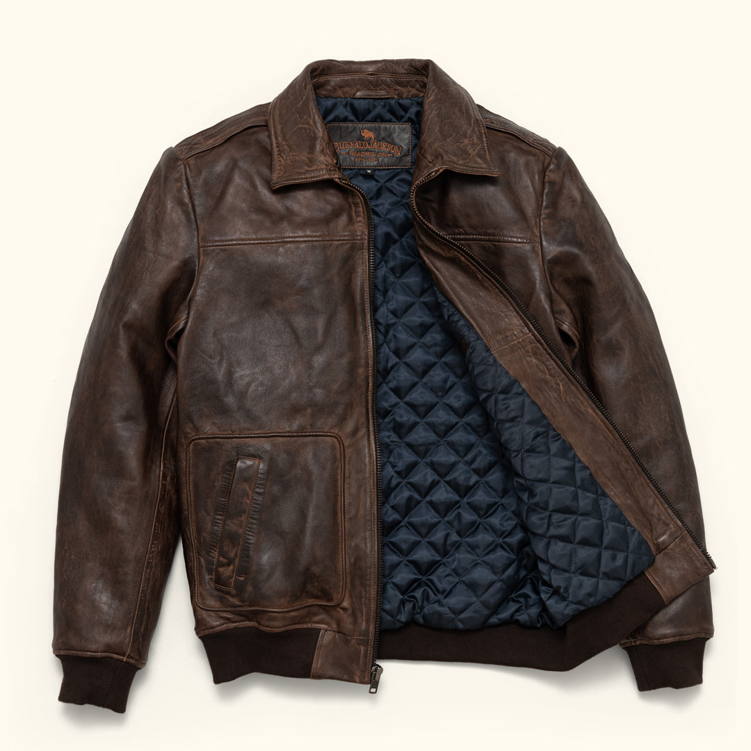 Buffalo Jackson Trading Co. Maverick Leather Bomber Jacket | Distressed Brown - XXL