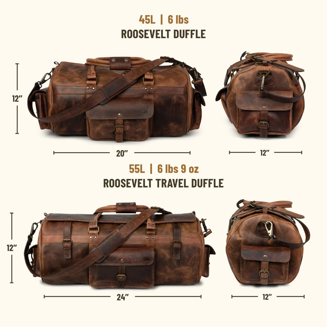 Sizing of DARK OAK  ROOSEVELT BUFFALO LEATHER DUFFLE BAG