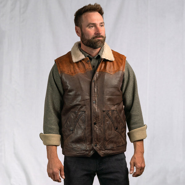 Iconic Leather Western Vest with Sherpa Collar | Buffalo Jackson
