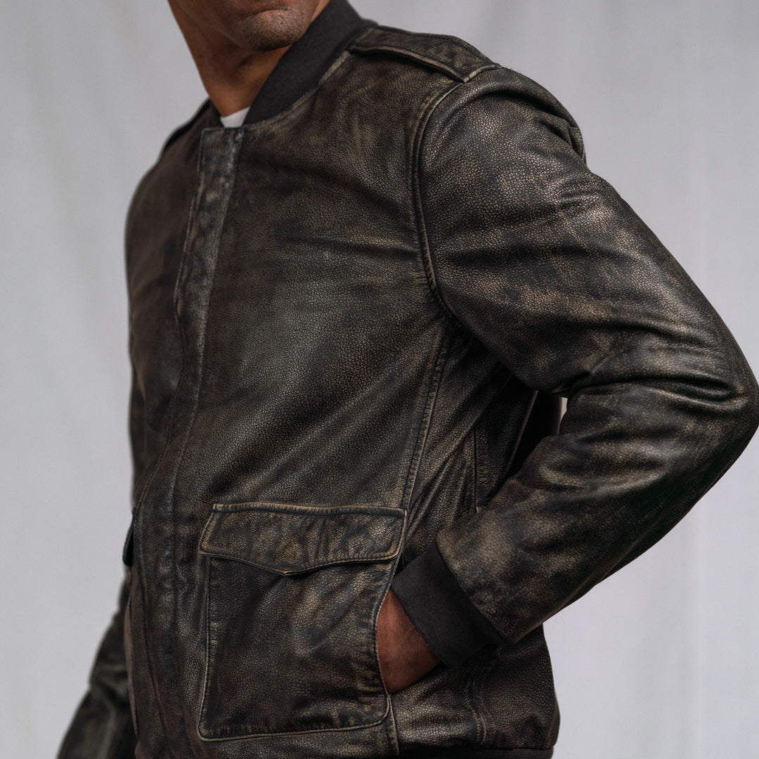 Rebel Bomber Leather Jacket | Distressed Black