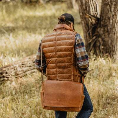 Backside of Men's Vintage Leather Down Vest