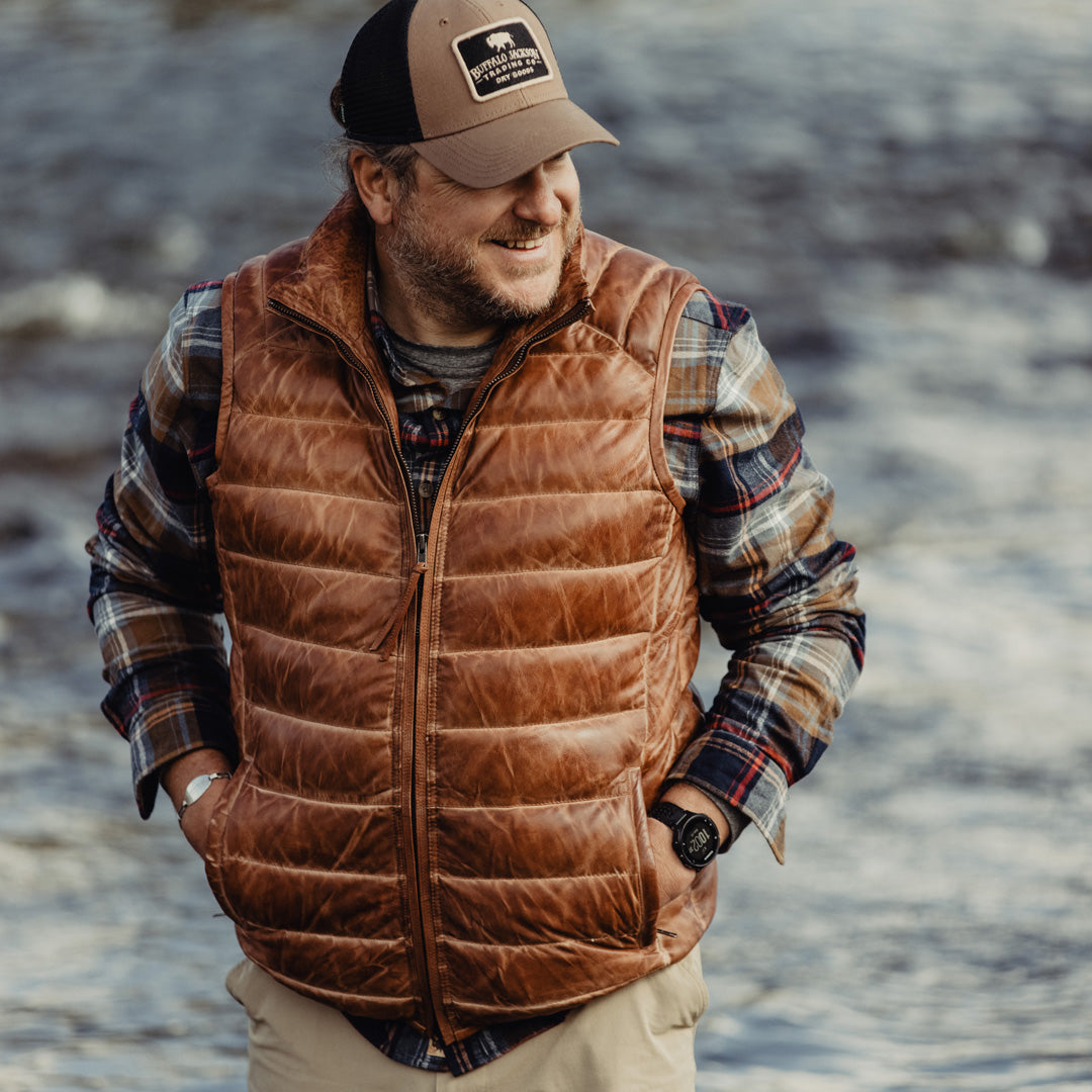Brown Puffer Vest: 100% Leather & Down Feather | Buffalo Jackson