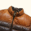 Mens tan and brown leather puffy jacket