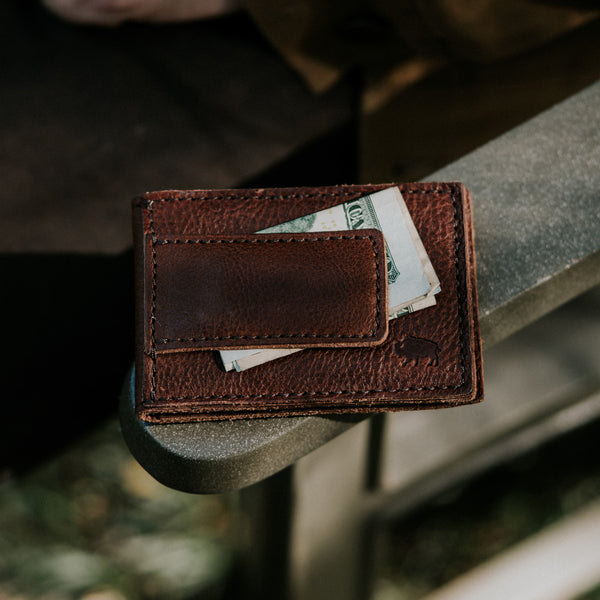 Metal Money Clip Wallet - 100% Brown Leather | Buffalo Jackson