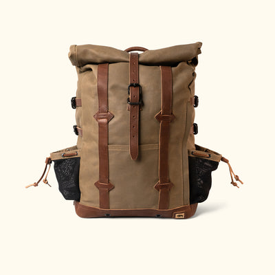 Men's Rugged Waxed Canvas Rolltop Backpack Khaki Front