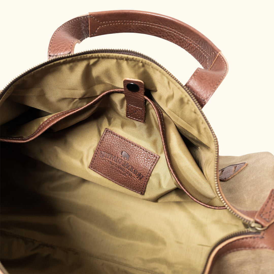 Dakota Waxed Canvas Military Sea Bag Backpack | Field Khaki w/ Chestnut Brown Leather
