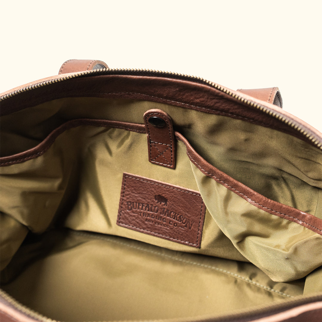 Buffalo Jackson Trading Co. Dakota Waxed Canvas Messenger Bag | Field Khaki w/ Chestnut Brown Leather