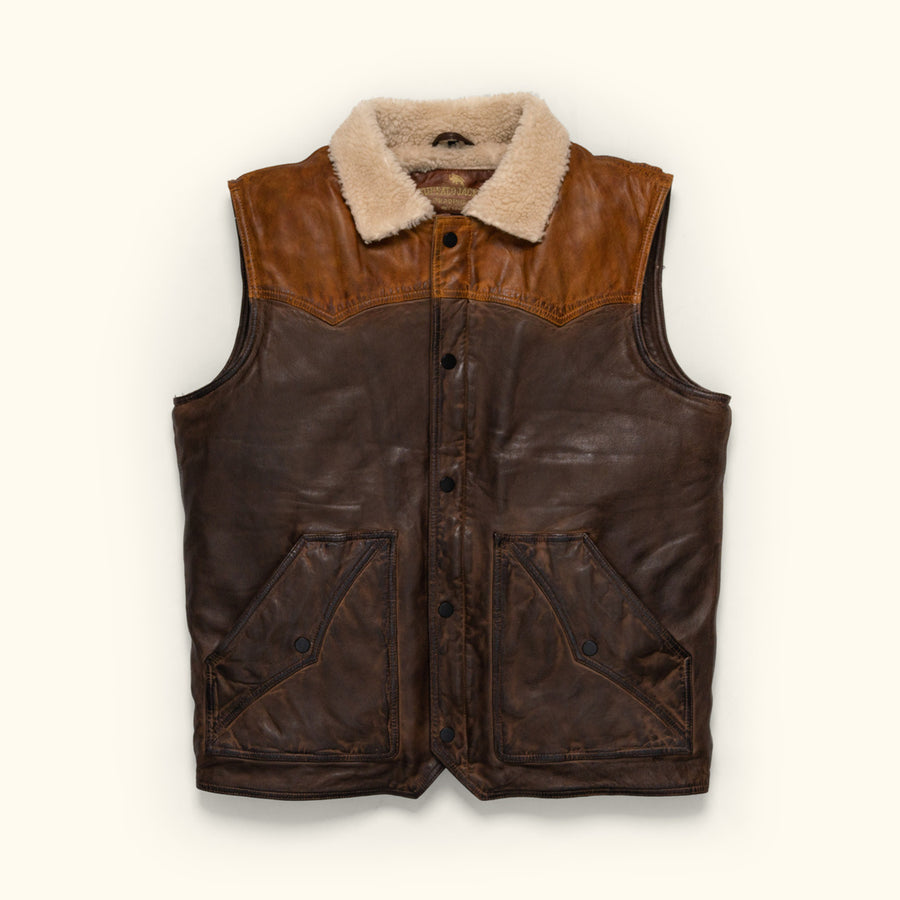 Mens Western Leather Vest - Leather and Sherpa