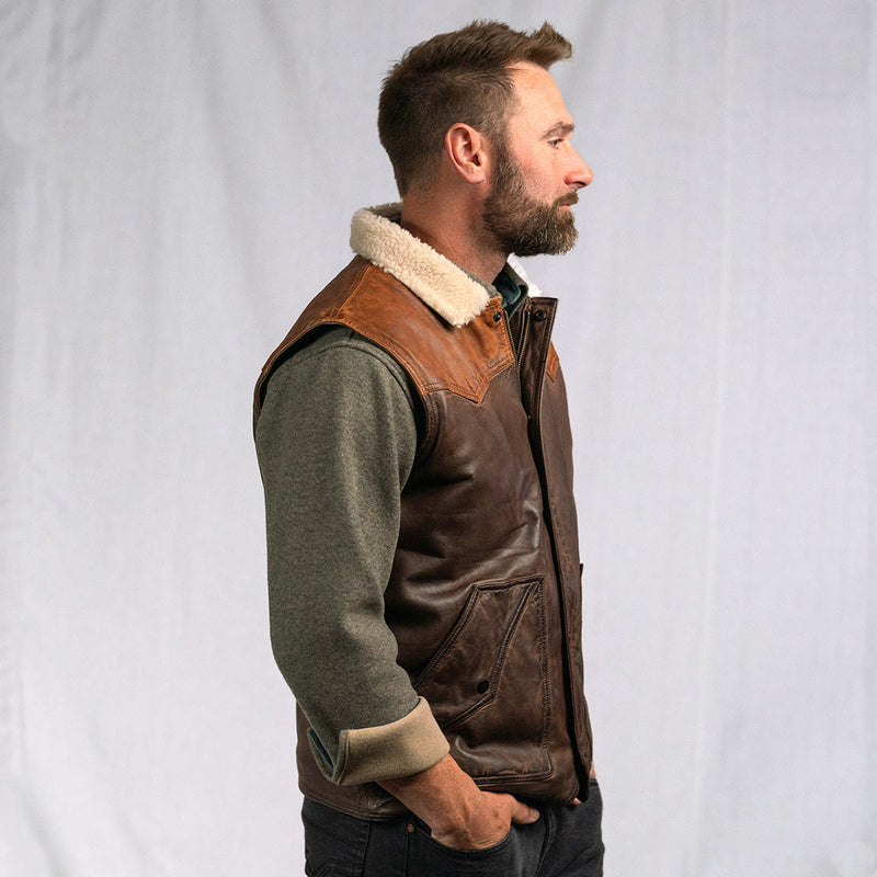 Iconic Leather Western Vest with Sherpa Collar | Buffalo Jackson
