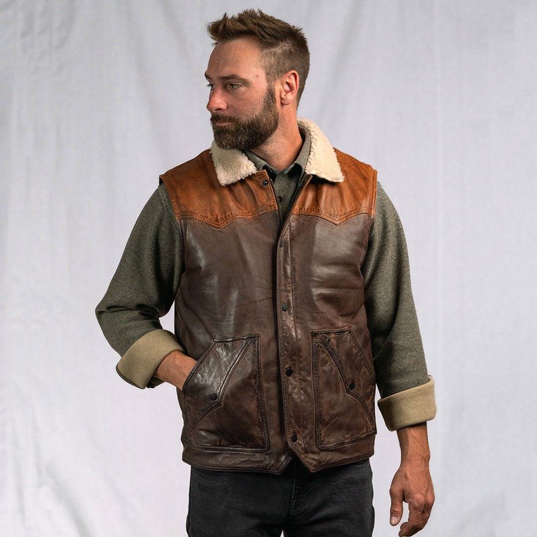 Iconic Leather Western Vest with Sherpa Collar Buffalo Jackson