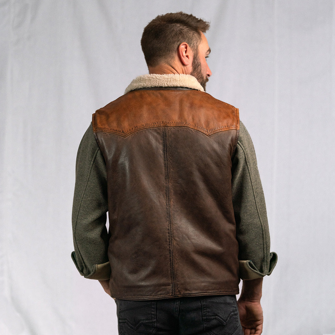 Iconic Leather Western Vest with Sherpa Collar