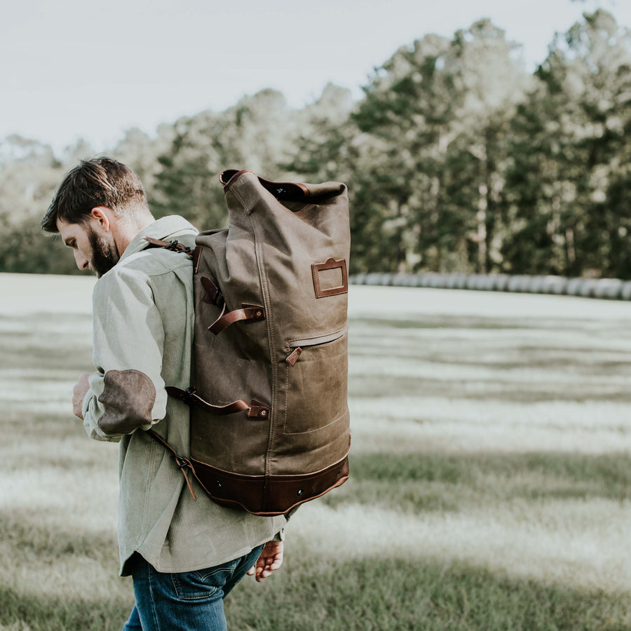 Mens Backpack Waxed Canvas & Leather Roll Top Brown Wax 