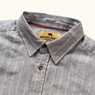 Mens Striped Linen Short Sleeve Shirt Contrast Stitching Details