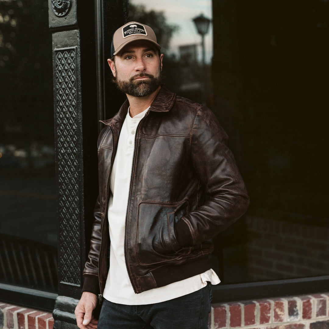 Reddish Brown Patched Goatskin Leather Bomber Jacket