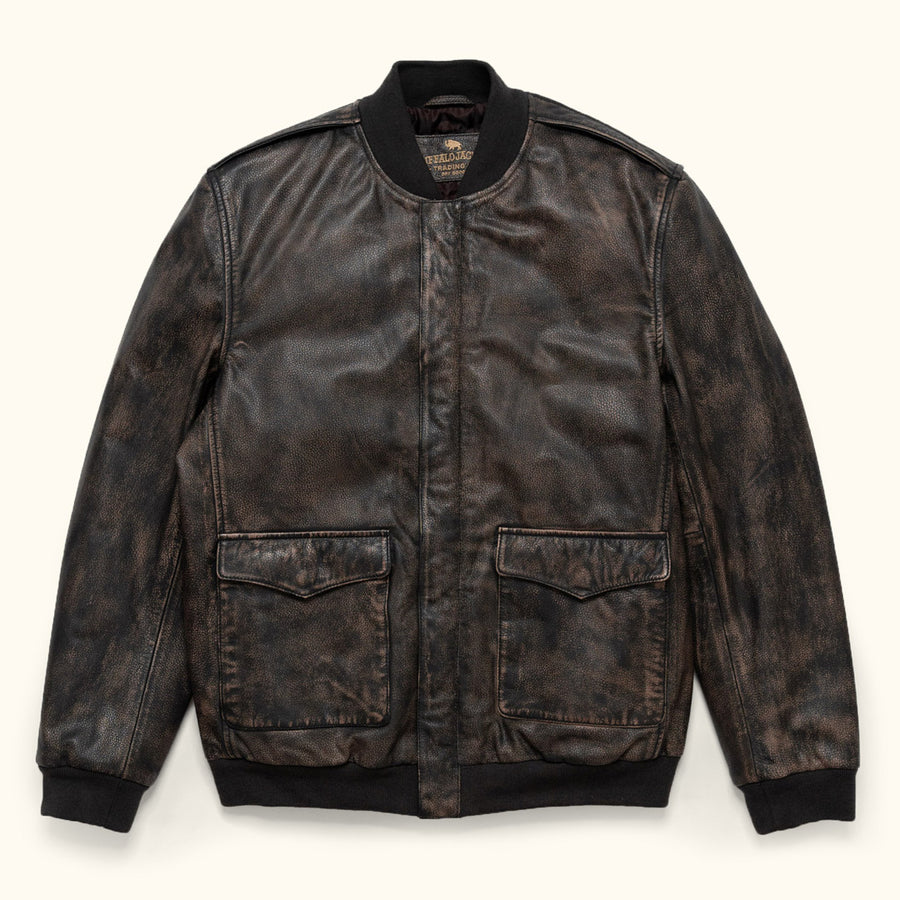 Men's Vintage Leather Bomber Jacket - Black
