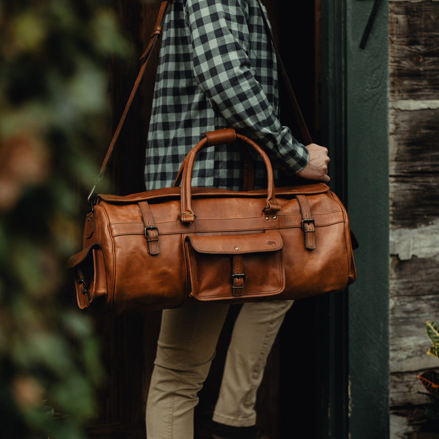 Autumn Brown Buffalo Leather Duffle Bag, Roosevelt series, with ample storage, reinforced straps, perfect for adventurous travels.