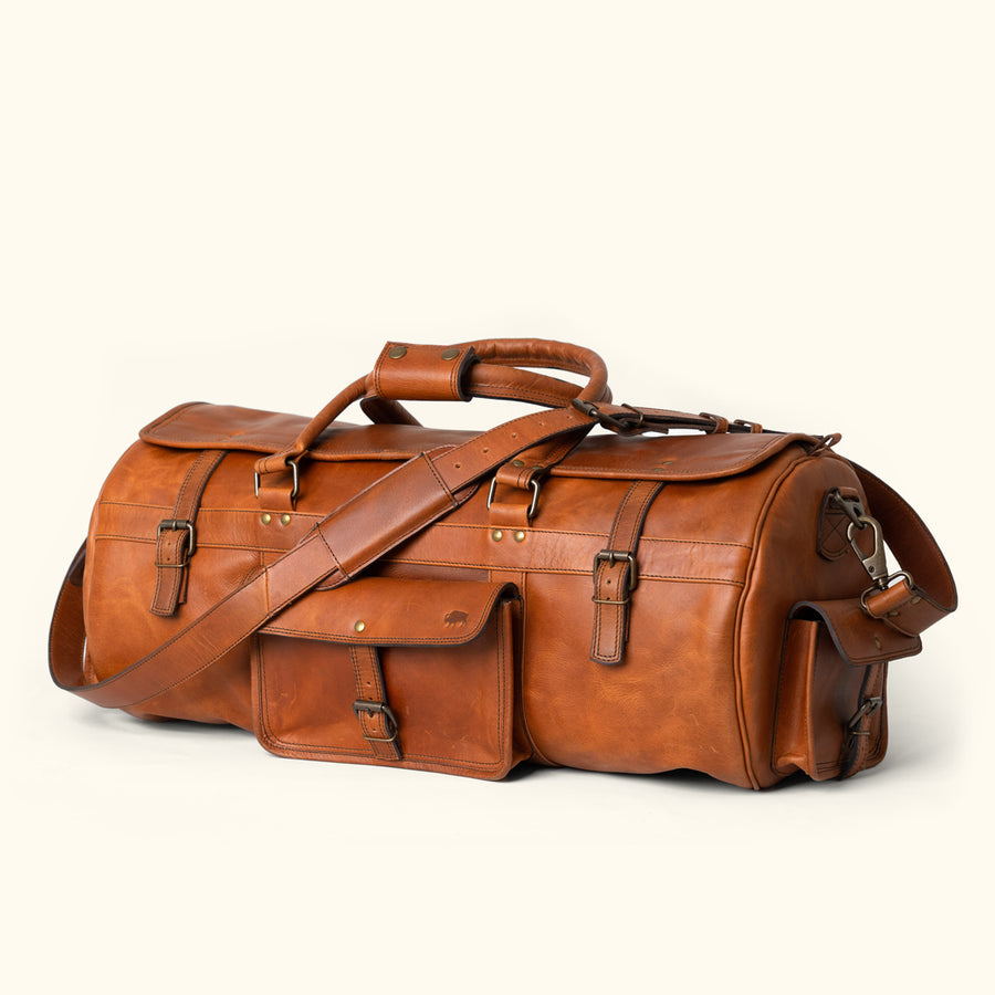 Autumn Brown Buffalo Leather Duffle Bag, Roosevelt series, with ample storage, reinforced straps, perfect for adventurous travels.