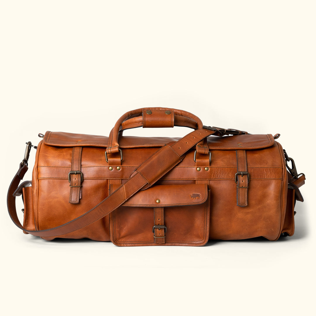 Autumn Brown Buffalo Leather Duffle Bag, Roosevelt series, with ample storage, reinforced straps, perfect for adventurous travels.