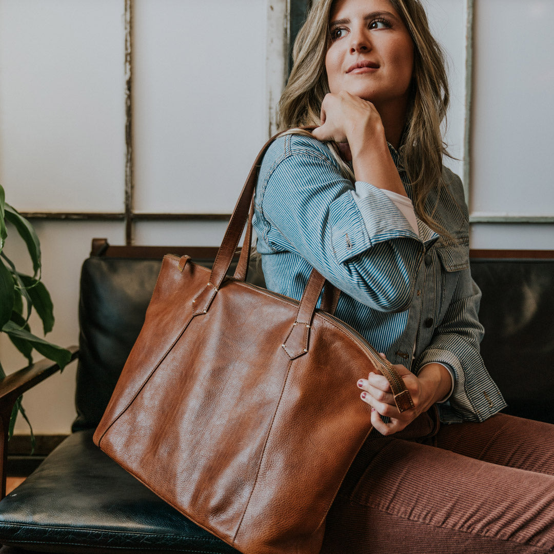 Ladies Leather Zip Tote Bags - Vintage Style